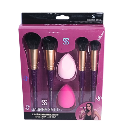 Kit de Pincéis com Esponjas – 6 Peças Roxo Glitter + 2 Esponjas - SP113