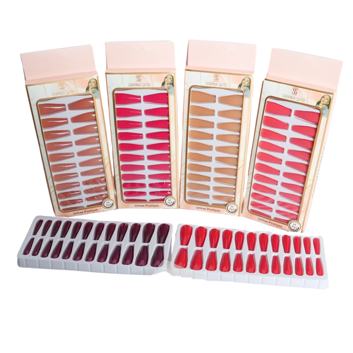 Unhas Postiças Sabrina Sato SP1238 – Pacote com 12 Caixas (Cores Variadas + Adesivo Autocolante)