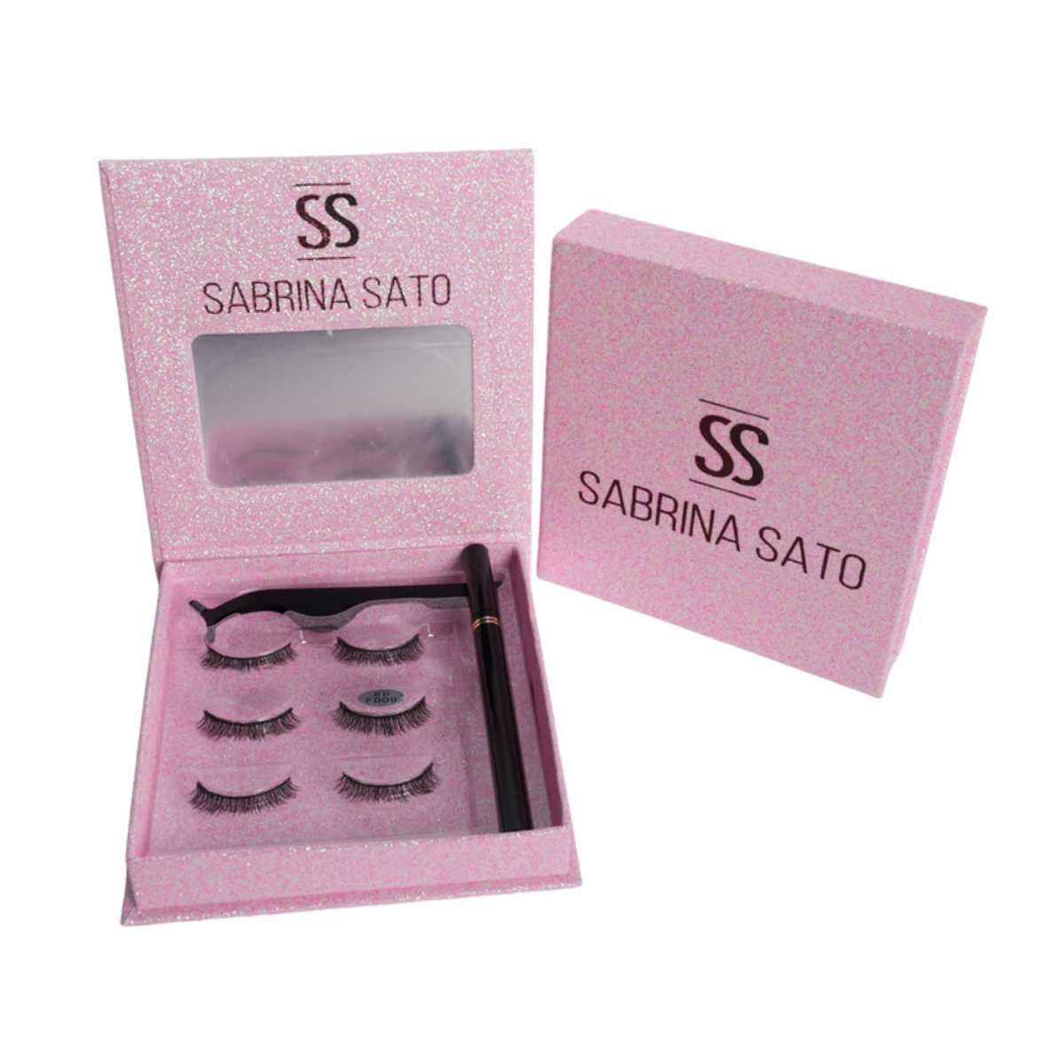 Kit Cílios Postiços Sabrina Sato Box Rosa Glitter (3 Pares + Espelho + Pinça + Caneta Delineadora) - SS1333